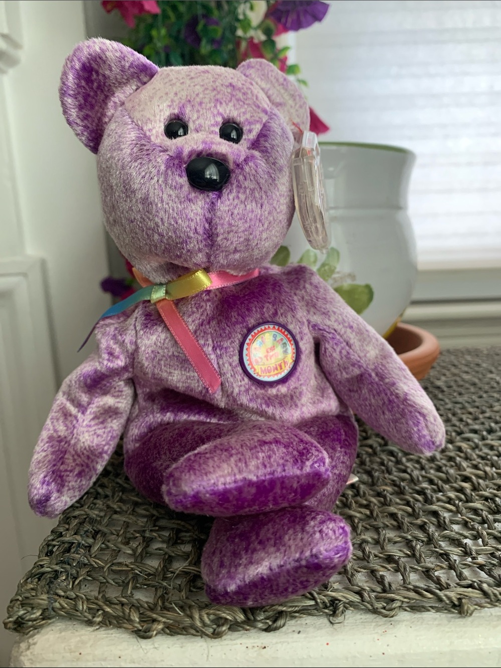 Ty NWT “Dreamer” 2002 Purple Plush Beanie Baby Bear with Rainbow Ribbon